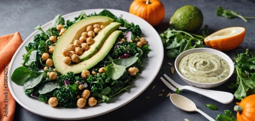  a plate of salad with avocado, chickpeas, spinach, spinach leaves and avocados.