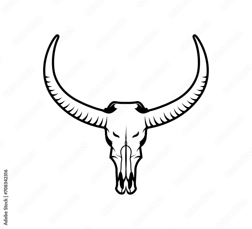 Fototapeta premium Bull skeleton t-shirt design. Bull skull head vector monochrome object or design element isolated on white background. thine line style object.