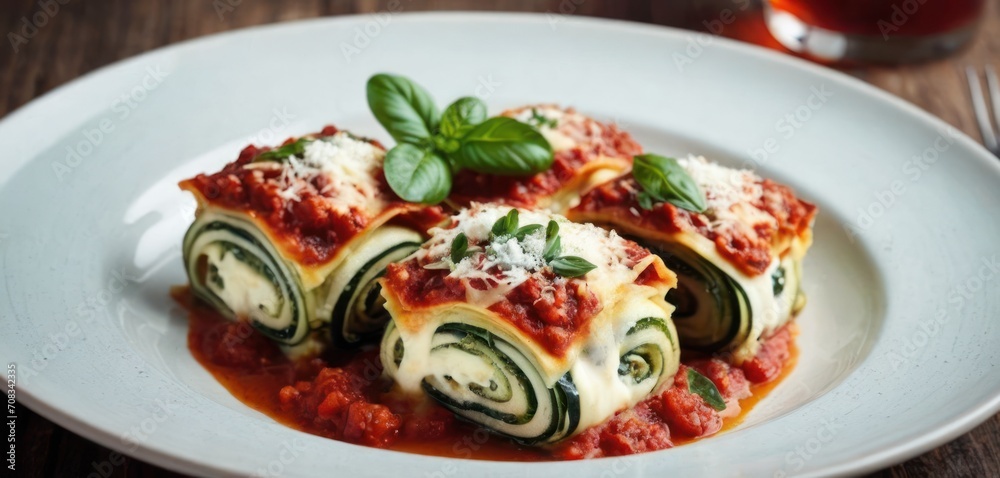 a white plate topped with lasagna rolls covered in sauce and garnished with parmesan cheese. a white plate topped with lasagna rolls covered in sauce and garnished with parmesan cheese.