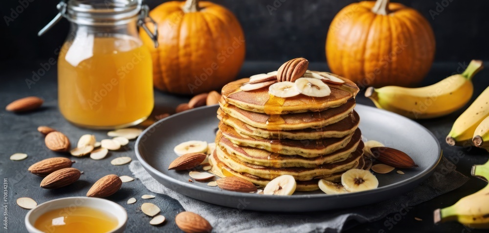 a stack of pancakes sitting on top of a plate next to a bowl of fruit and a jar of honey. a stack of pancakes sitting on top of a plate next to a bowl of fruit and a jar of honey.