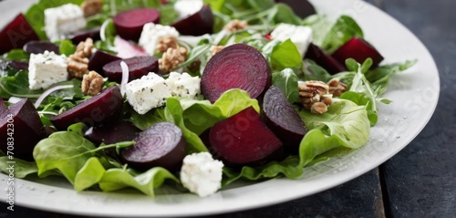  a plate of salad with beets, feta cheese, walnuts, and lettuce on it.