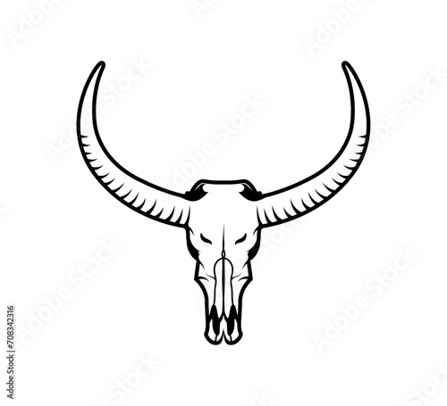 Bull skeleton t-shirt design. Bull skull head vector monochrome object or design element isolated on white background. thine line style object.