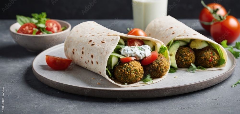  a close up of a plate of food with falafel and a glass of milk in the background.