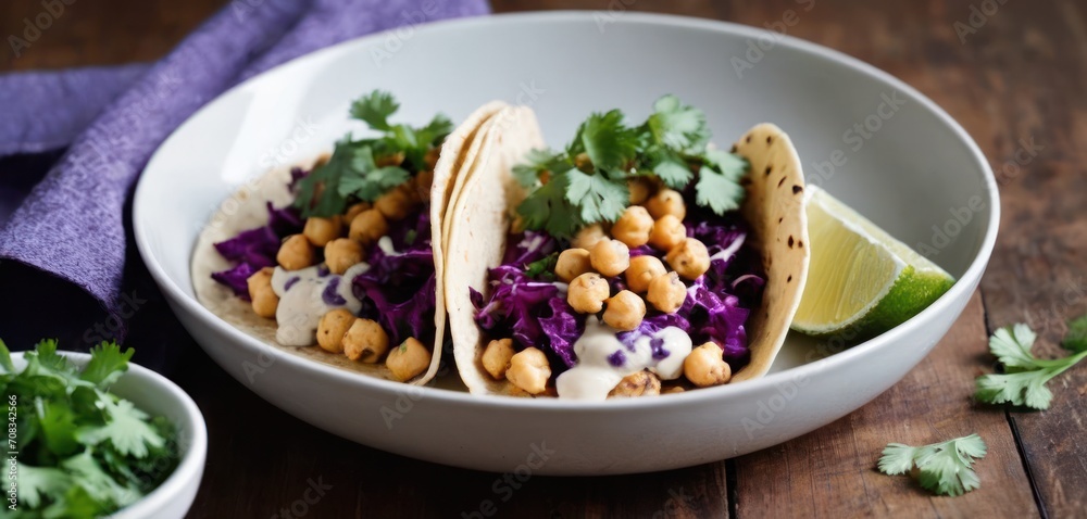 a white bowl filled with tacos and garnished with cilantro and cilantro wedges. a white bowl filled with tacos and garnished with cilantro and cilantro wedges.