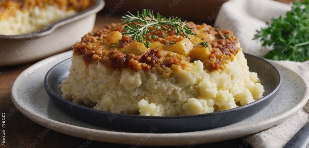  a close up of a plate of food with mashed potatoes and a dish with a sprig of parsley.