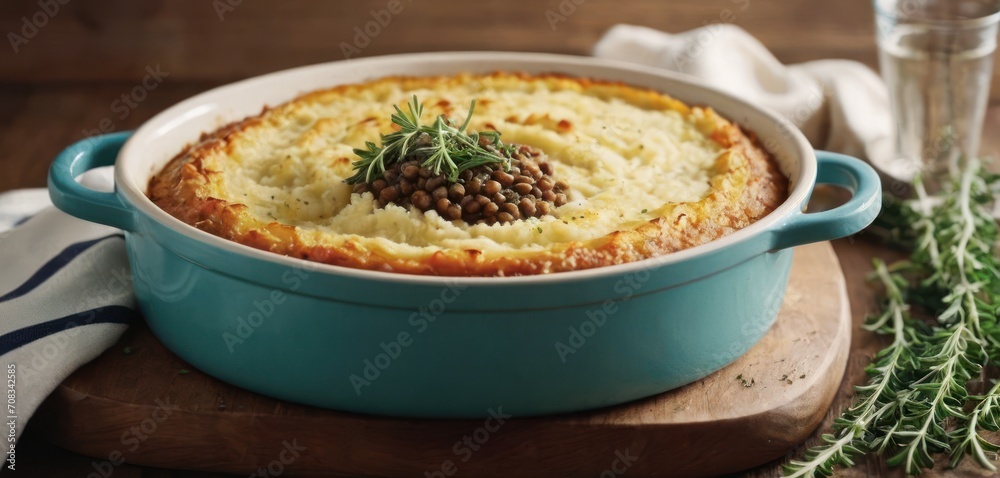  a casserole dish with a sprig of rosemary on top and a glass of water in the background.