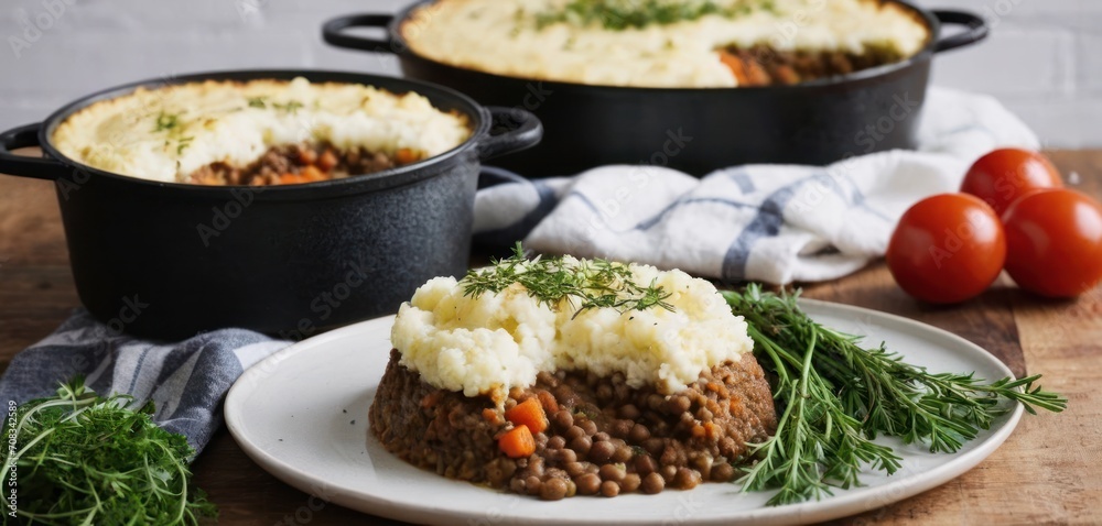  a close up of a plate of food with a pot of mashed potatoes and a bowl of tomatoes in the background.