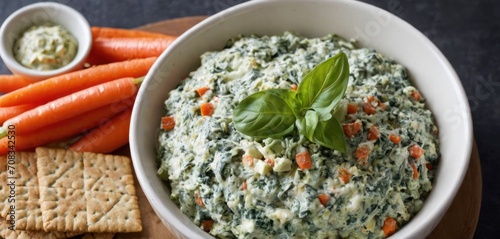  a white bowl filled with spinach and carrots next to crackers and crackers on a cutting board.