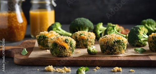  broccoli florets on a cutting board with a glass of orange juice and a jar of orange juice in the background.