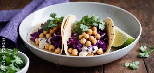  a white bowl filled with tacos and garnished with cilantro and cilantro wedges.