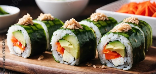  a close up of a sushi roll on a cutting board with a bowl of carrots in the background.