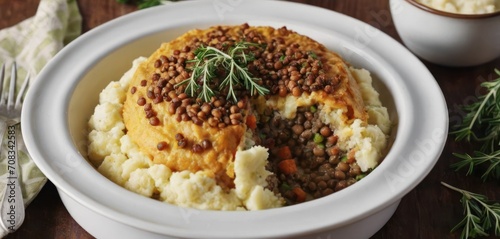  a close up of a plate of food with mashed potatoes and a sprig of green garnish.