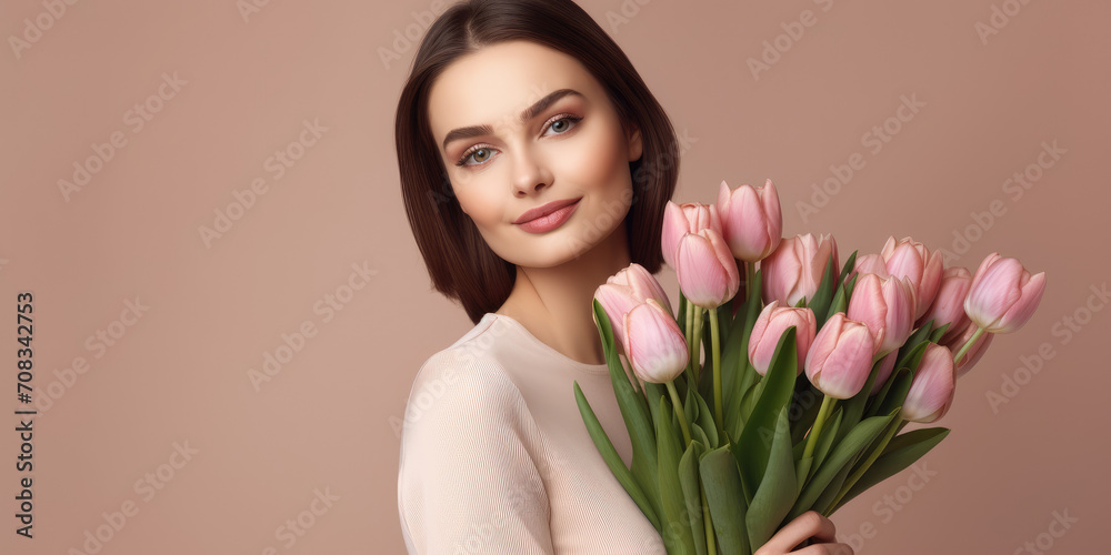 Happy beautiful elegant blonde woman with pink bouquet of tulips on beige background. Copy space