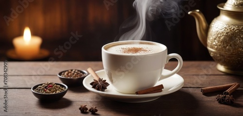  The image shows a table with a white coffee mug on it, filled with cappuccino. The cup is surrounded by various ingredients.