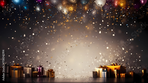 Holiday celebration background with balloons, golden sparkling confetti and ribbons