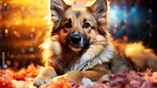 Portrait of a beautiful Shetland sheepdog on a background of flowers. © Narin