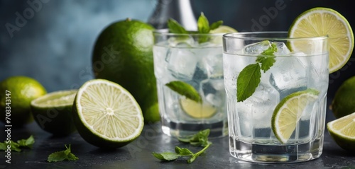  .The image features a table with two glasses of ice and lemon on it, each containing lime wedges. There are also four slic.