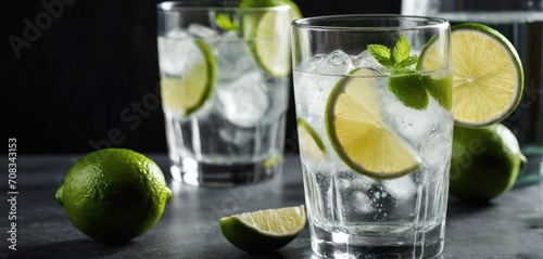  The image is of a table with two glasses filled with water and lime wedges. There are four slices of lemon on the table,.