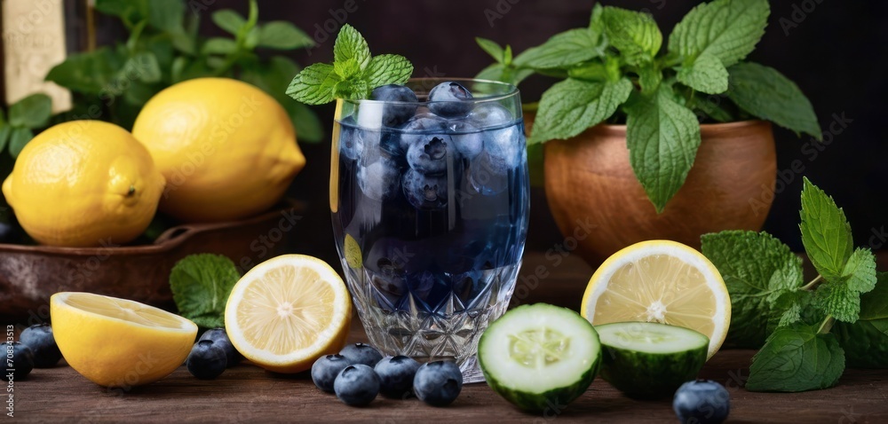 .The image features a blue glass filled with water and is surrounded by various fruits and herbs. There are two slices of lemon, one. .The image features a blue glass filled with water and is surrounded by various fruits and herbs. There are two slices of lemon, one.