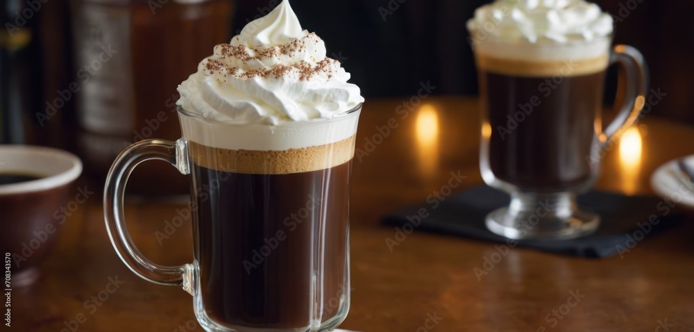  This image showcases a table with two café drinks, one being a frothy coffee concoction and the other having whipped cream..