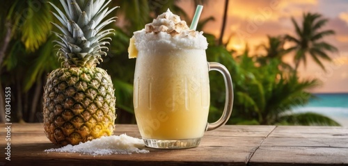  The image features a tall glass filled with a beverage, likely a coconut milk smoothie or pina colada. The drink is placed on.