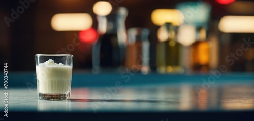  The image shows a table with various items on it  including an empty glass and several bottles. The glass is placed prominently in the center of.