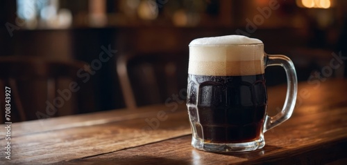  The image is a close-up of a glass half full with beer, sitting at the end of a wooden table. The table has chairs surrounding.