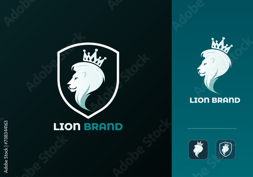 Lion Logo Design Vector Template. Modern Abstract Royal Lion Brand Logo Illustration with Shield, Crown icon. Strength, King, Brave, Beast, Lio, hunting, predator, regal, Sign or Symbol Logo Element.