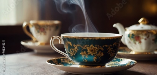  .The image shows a table with three tea cups and a pot of tea. The cups are decorated  one being blue and gold  another.