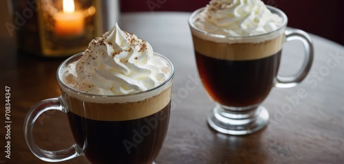  The image shows two delicious coffee drinks served with whipped cream  sitting on a wooden table. Each cup is adorned with a dol.