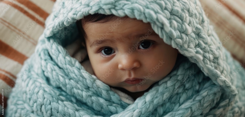 The image features a baby wearing blue and white clothing, with its eyes wide open. The baby is wrapped up in the clothing, which likely. The image features a baby wearing blue and white clothing, with its eyes wide open. The baby is wrapped up in the clothing, which likely.