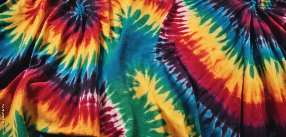  .The image features a colorful tie-dye fabric, likely a quilt or blanket made from the same material. The tie-dye.