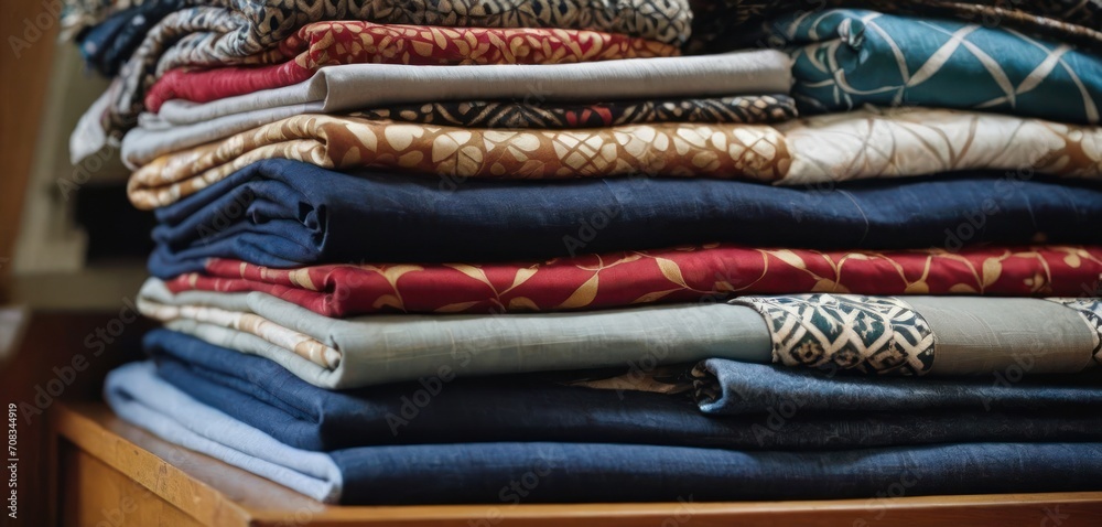 The image depicts a wooden table with a pile of colorful fabric items. The stack of fabrics includes different colors and patterns, showc. The image depicts a wooden table with a pile of colorful fabric items. The stack of fabrics includes different colors and patterns, showc.