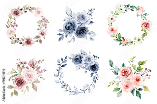 Watercolor flowers hand drawing, set vintage bouquets, wreaths with roses and peonies. Decoration for poster, greeting card, birthday, wedding design. Isolated on white background.