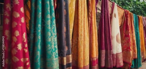  The image displays a variety of colorful Indian garments hanging up outside. There are many different sized curtains and drapes, all.