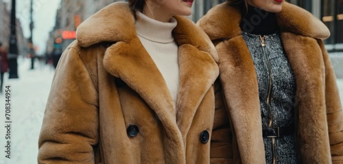  .The woman in the image is wearing a beige and brown fur coat, which gives her an elegant appearance. She has long hair, and she.
