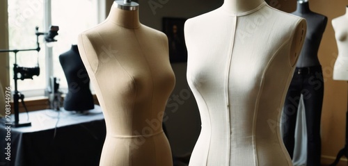  .The image features a store with mannequins wearing clothing displayed on racks. There are several mannequins in the scene,.