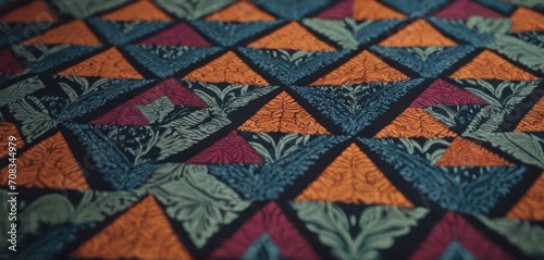  .The image shows a dark blue, orange and yellow geometric patterned fabric with various shapes and designs in it. The fabric is quite intricate and vis.
