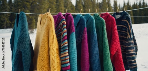  .The image features a snowy scene with several clothes hanging from a line. There are ten different colored sweaters and four shirts hung on.