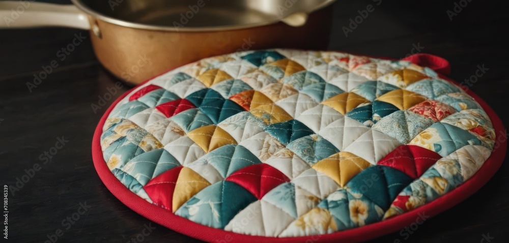  The image features a quilted pot holder on top of a table. The pot holder is placed near a silver pan or frying pan, which.