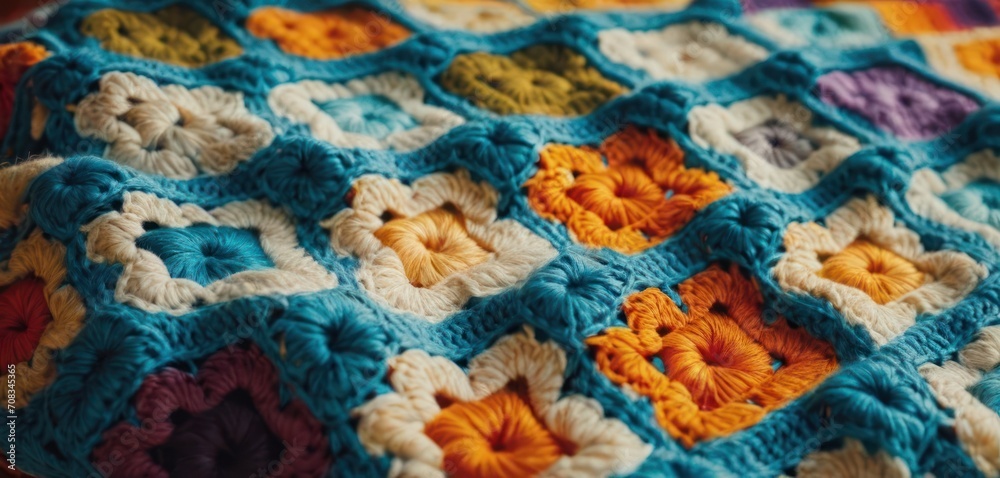  The quilt in the image is handmade, featuring a blue crocheted cover with yellow and orange designs. The piece has many different colored flowers.