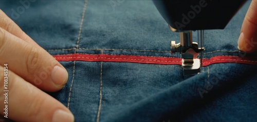  The image shows a person sewing or mending a piece of denim on the right side with blue material. The person is holding a needle and.