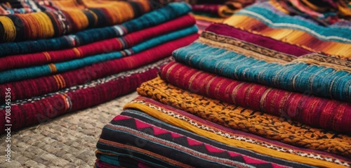  .This image showcases a variety of colorful, multicolored, and patterned fabrics piled up together. There are several blankets,. © Jevjenijs