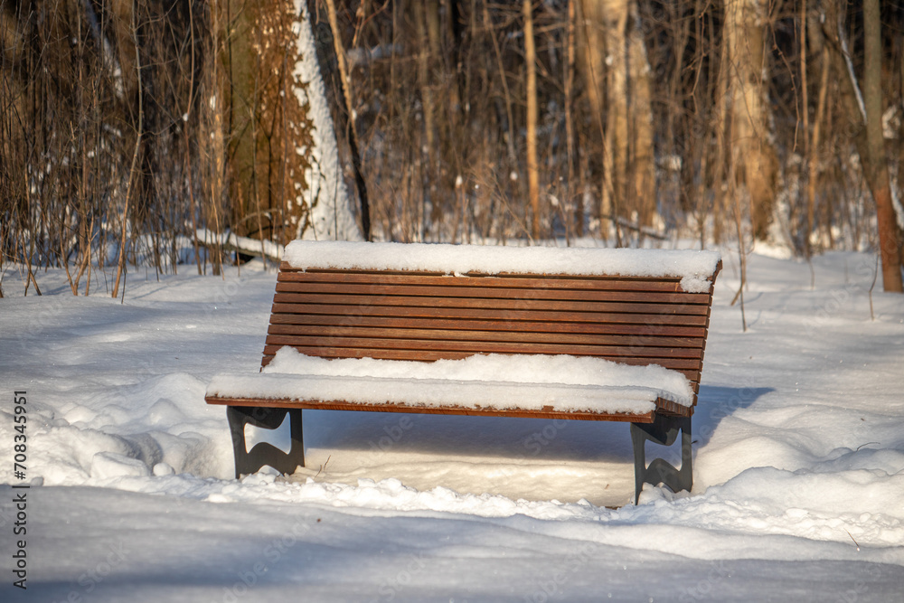 Wooden benches in a winter park covered with snow.