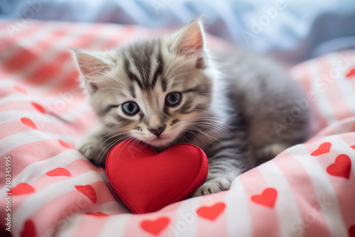 Tabby Kitten Hugging Red Heart Pillow © spyrakot