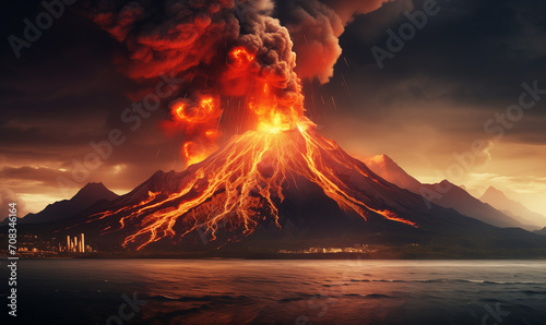 Powerful volcano eruption in the dark. Side view of the crater opening with flowing lava. Clouds and steam in the sky. Big explosion.