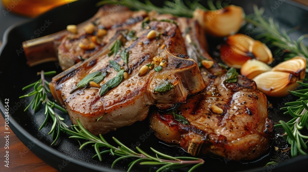 Grilled or pan fried pork chops on the bone with garlic and rosemary Grilled or pan fried pork chops on the bone with garlic and rosemary