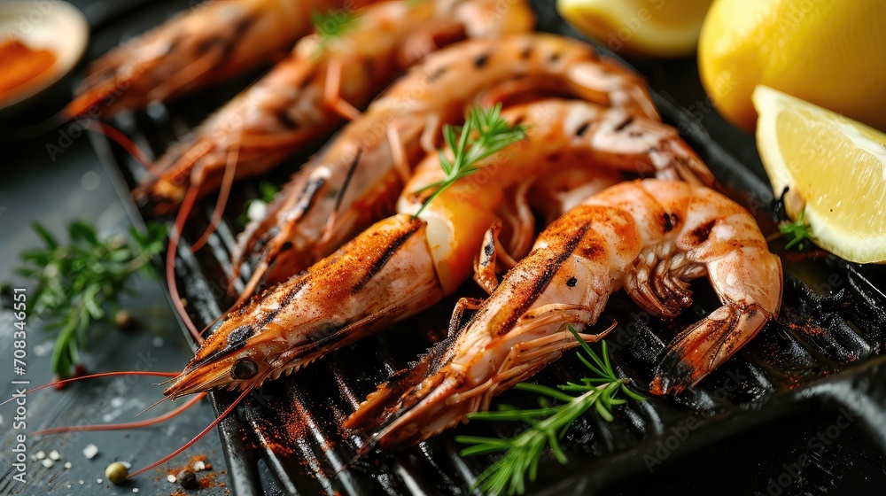 Grilled tiger shrimps with spice and lemon. Grilled seafood. Grilled tiger shrimps with spice and lemon. Grilled seafood.