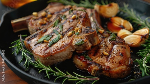 Grilled or pan fried pork chops on the bone with garlic and rosemary photo
