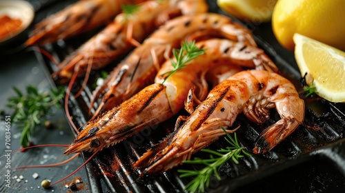 Grilled tiger shrimps with spice and lemon. Grilled seafood.